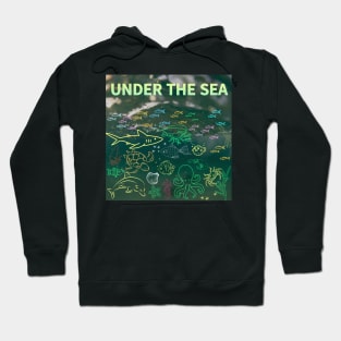 under the sea,blue sea,sea creatures,Turtle, puffer fish, starfish, shrimp, shark, tropical fish, sea horse, seaweed, sardines, squid, crabs, clams Hoodie